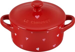 Le Creuset-L'Amour- Collection-Stoneware-Mini- Round-Cocotte, 8oz., Cerise with Heart Applique
