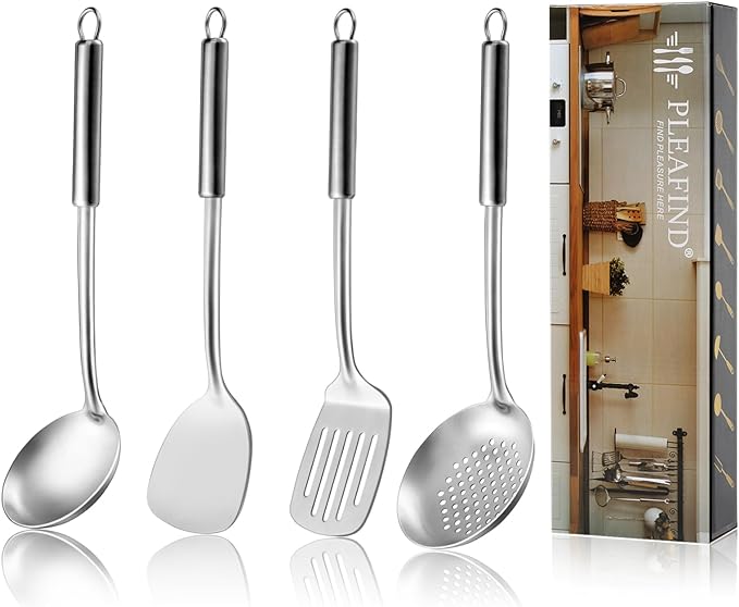 Pleafind-4-Pcs- Cooking-Utensils-Set- 304-Stainless-Steel- Kitchen-Utensils-Wok-Utensils