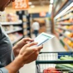 Person comparing prices at grocery store with a budget-friendly healthy grocery list