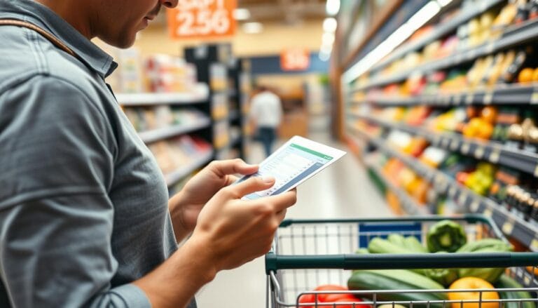 Person comparing prices at grocery store with a budget-friendly healthy grocery list