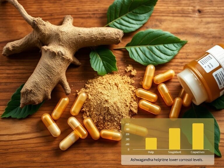 Top 10 Supplements to Lower Cortisol Naturally 6 | eat move healthy Ashwagandha-root- and-powder-with- capsules-showing-its- natural-form-and- supplement-options- lowering-cortisol