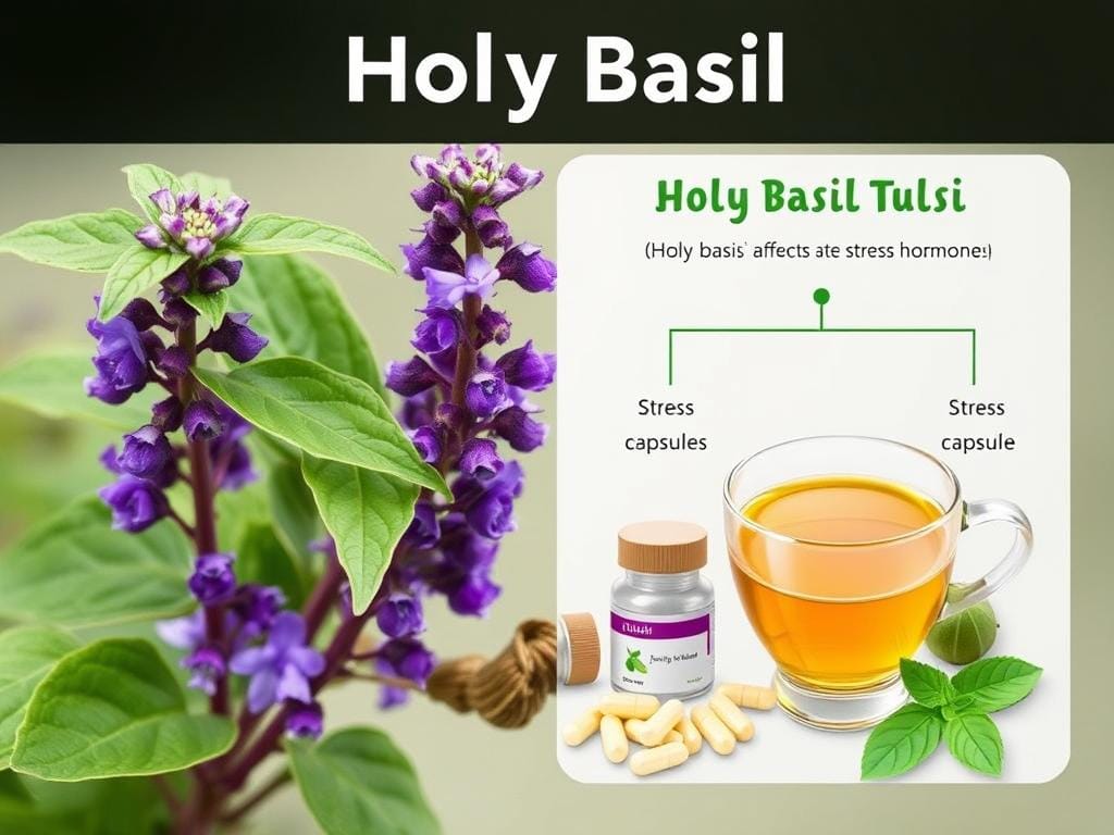 Holy basil plant and supplements showing its natural form and options for lowering cortisol