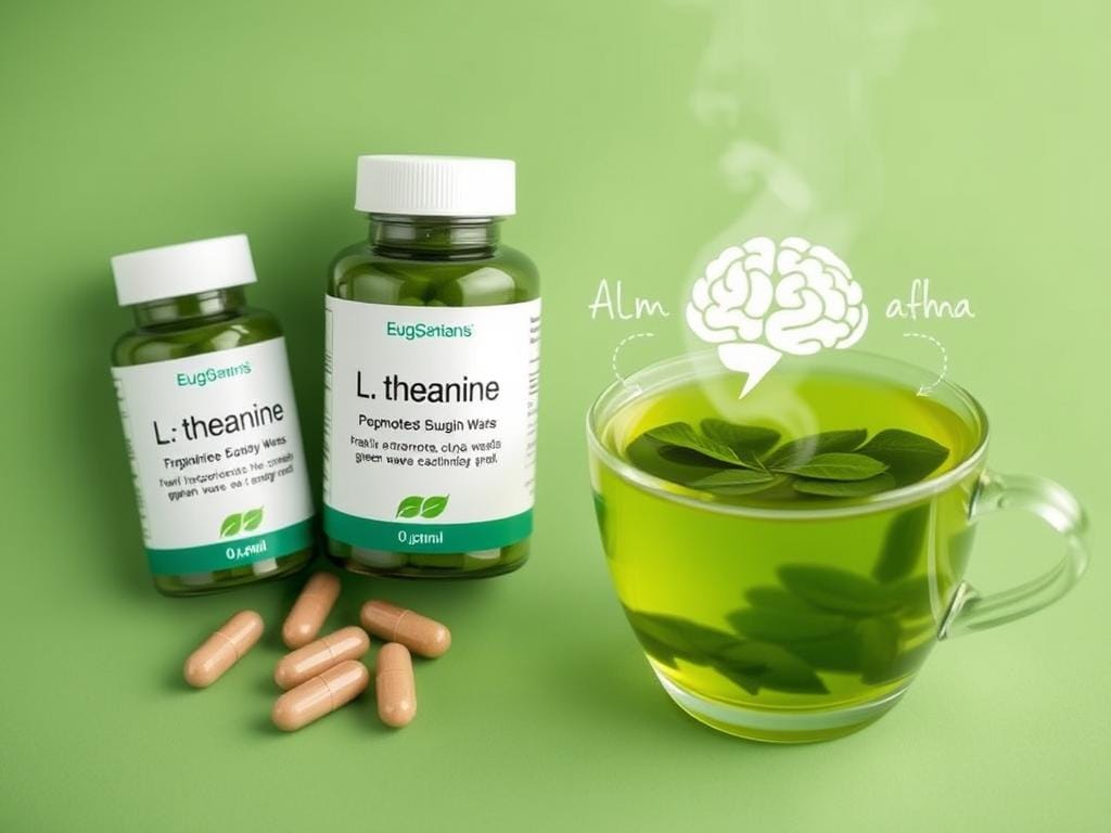 L-theanine supplements and green tea showing natural sources that help lower cortisol levels