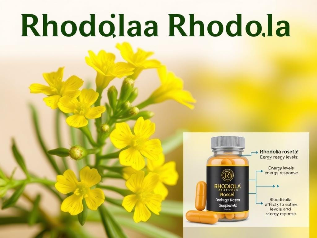 Rhodiola rosea plant and extract showing its natural form and supplement options for lowering cortisol
