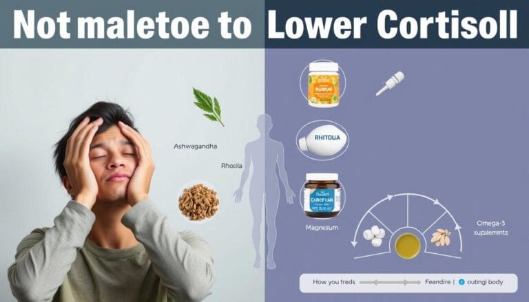 Stressed person with visual representation of cortisol's effects on the body and supplements that can help lower cortisol levels