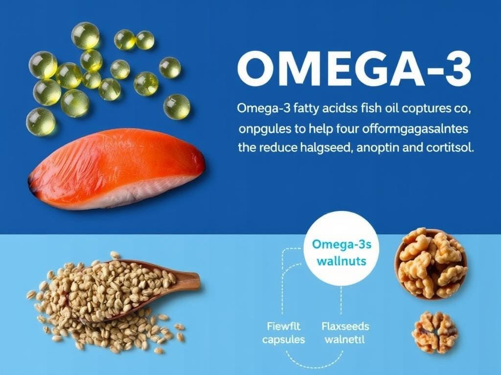 Various sources of omega-3 fatty acids including fish oil capsules, fatty fish, and plant sources that help lower cortisol