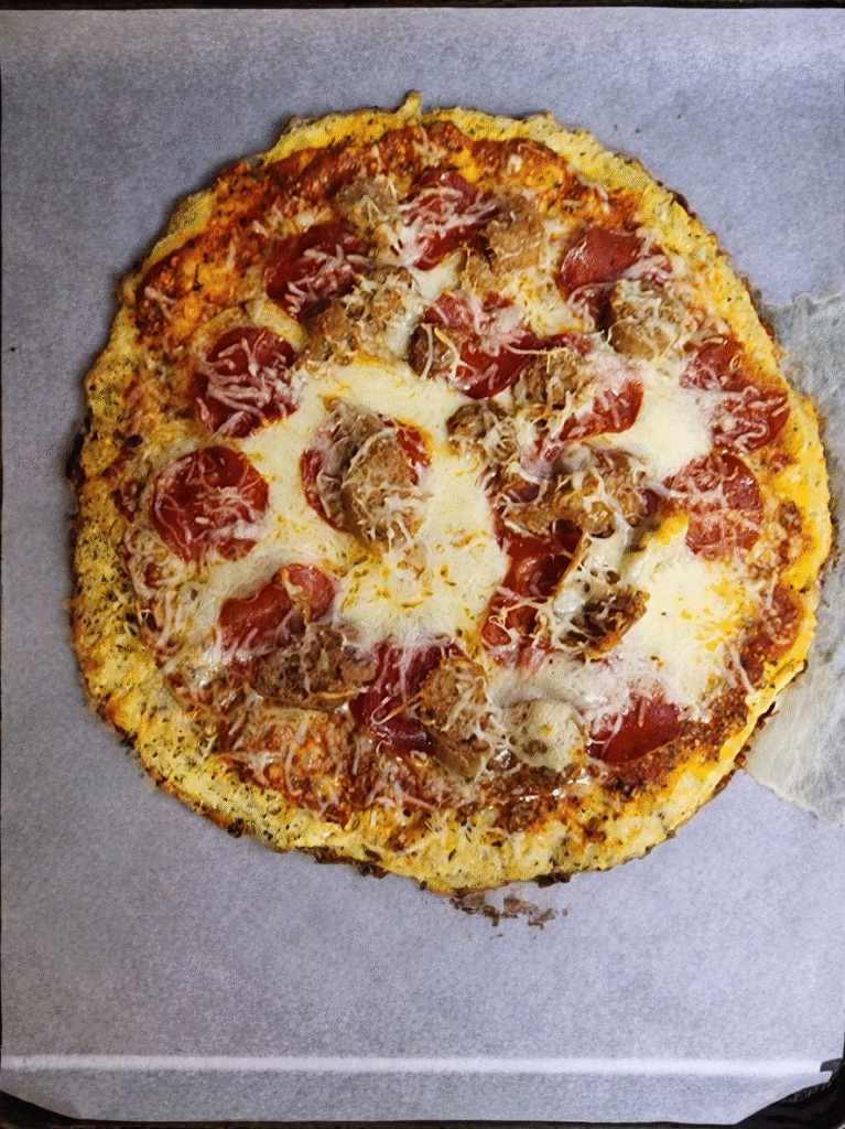 Delicious Low-Carb Chicken Breast Pizza Crust 3 | eat move healthy Turkey-Sausage-and-Pepperoni-Chicken- Crust-Pizza