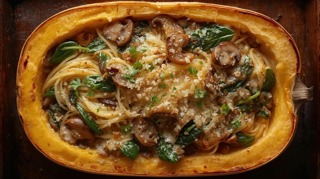 Garlic Parmesan Spaghetti Squash Bake 2 | eat move healthy Garlic-Parmesan- Spaghetti-Squash- Bake-with-Spinach- Mushrooms