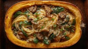 The Best Ultimate Plateau-Buster 4 | eat move healthy Garlic-Parmesan- Spaghetti-Squash- Bake-with-Spinach- Mushrooms