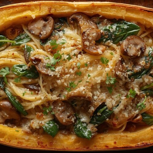 Garlic Parmesan Spaghetti Squash Bake 3 | eat move healthy Garlic-Parmesan- Spaghetti-Squash- Bake-with-Spinach- Mushrooms