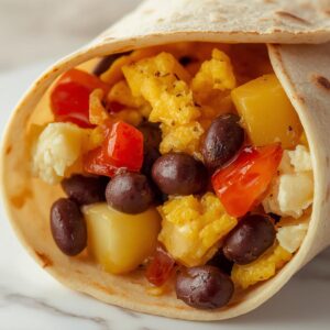 Healthy-Breakfast-Burrito-made-with-cup-black-beans-cubed-potatoes-scrambled-egg-chopped-red-bell-pepper-2-large-tortillas.