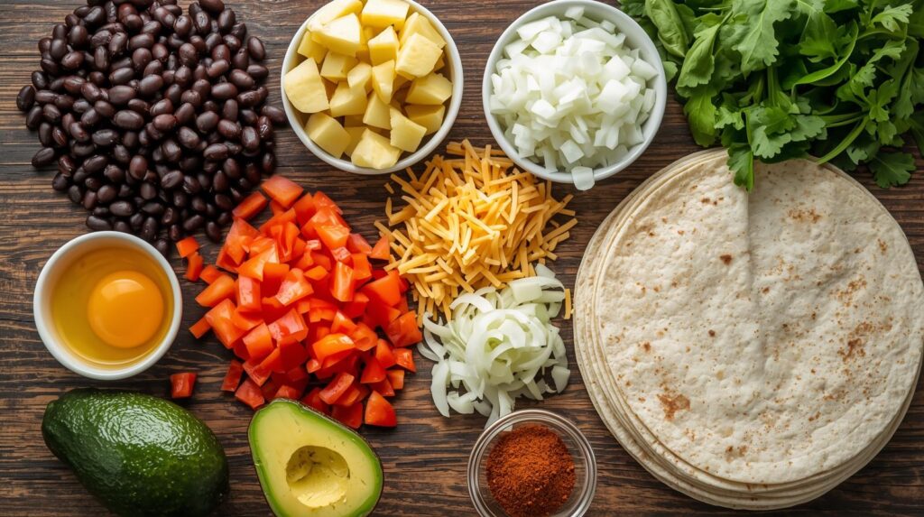 Healthy Breakfast Burrito Recipe 2 | eat move healthy Ingredients-black-beans-egg-diced-potato- spinach-chopped-red-pepper-cheddar- cheese-chopped-onion-Avocado-large- tortillas-salsa-chili-powder