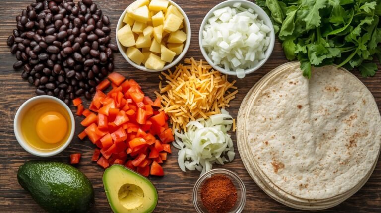 Ingredients-black-beans-egg-diced-potato- spinach-chopped-red-pepper-cheddar- cheese-chopped-onion-Avocado-large- tortillas-salsa-chili-powder