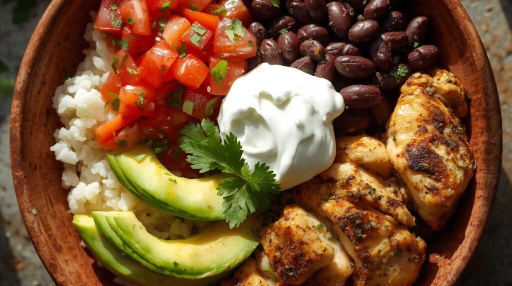 Low-Carb Chicken Burrito Bowl 1 | eat move healthy Low-Carb-Chicken-Burrito-Bowl__Grilled-chicken-cauliflower-rice-avocado-salsa-and-black-beans-with-greek-yogurt-on-top