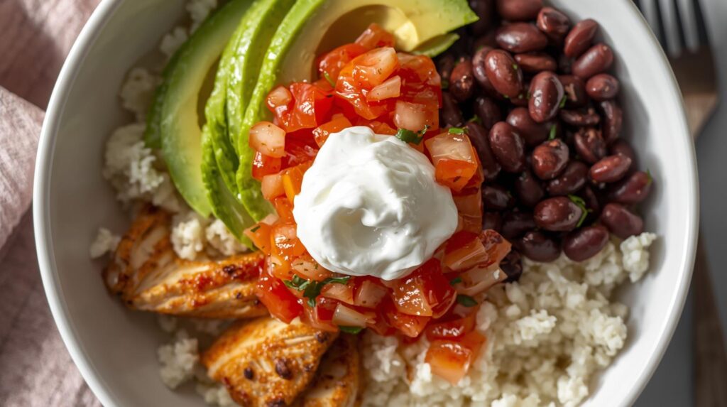 Low-Carb Chicken Burrito Bowl 1 | eat move healthy Low Carb Chicken Burrito Bowl Grilled chicken cauliflower rice avocado salsa and black beans with greek yogurt on top