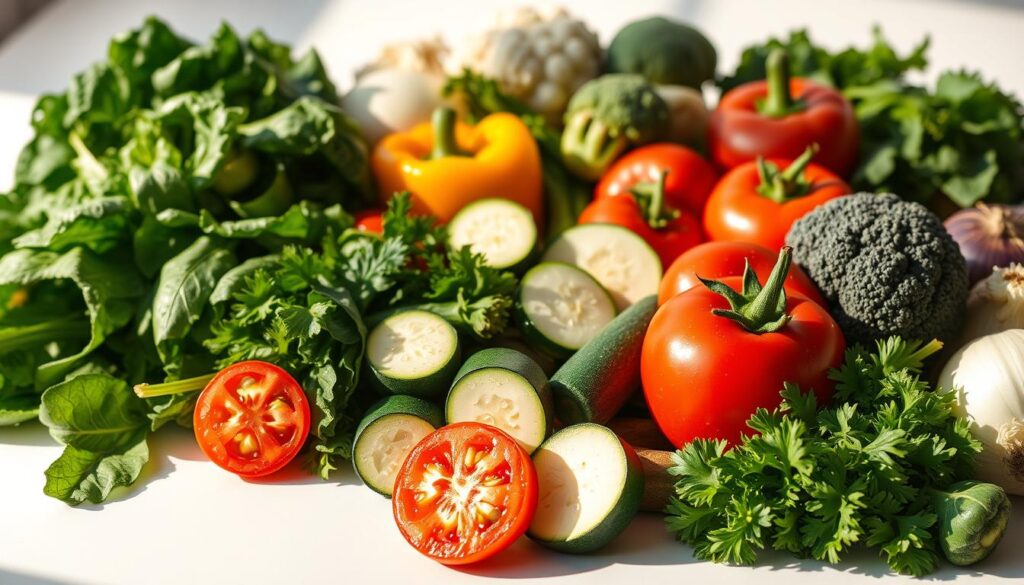 A high-resolution, photorealistic image of a variety of fresh, vibrant vegetables arranged on a white background, illuminated by warm, natural lighting creating soft shadows. In the foreground, a selection of leafy greens such as spinach, kale, and arugula, followed by sliced zucchini, bell peppers, and tomatoes in the middle ground. In the background, onions, broccoli, and cauliflower florets. The vegetables are glistening with water droplets, conveying freshness and nutrition. The overall composition is balanced and visually appealing, highlighting the versatility and weight-loss benefits of these healthy, low-calorie ingredients.