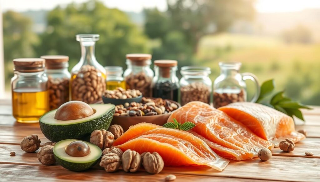 A still life scene of healthy fats for belly fat burning, captured in warm, natural lighting. In the foreground, an arrangement of avocado halves, walnuts, and slices of salmon, all resting on a wooden surface. The middle ground features a variety of nuts, seeds, and olive oil in glass jars, creating a sense of depth. In the background, a soft, blurred landscape with lush greenery, suggesting a connection to nature and wholesome nourishment. The overall composition is balanced and visually appealing, inviting the viewer to explore the nutritious ingredients and their potential for targeted fat loss.
