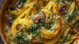 Creamy-Garlic- Parmesan-Spaghetti- Squash-Bake-with- spinach-and-mushrooms