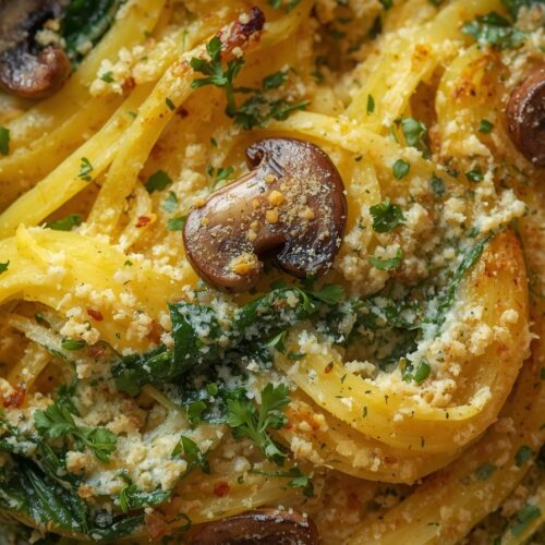 Creamy-Garlic- Parmesan-Spaghetti- Squash-Bake-with- spinach-and-mushrooms