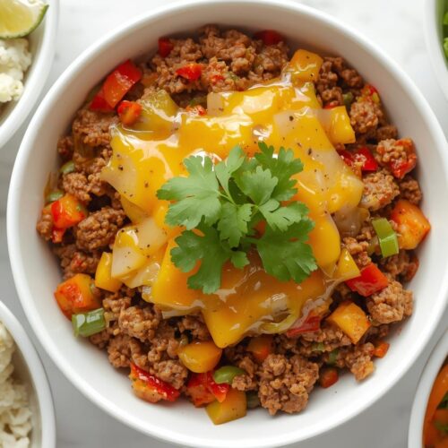 Low-Carb-Taco-Skillet__-seasoned-ground-meat-peppers-onions-and-melted-cheese.-Place-in-a-white-bowl-with-cauliflower-rice-lettuce-wraps-or-over-a-salad