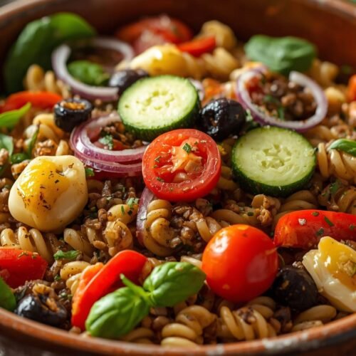 Red Lentil Pasta Salad with Vegetables 4 | eat move healthy Red-Lentil-Pasta-Salad-served-in-a-bowl-with-Vegetables-artichoke-hearts-spinach-cherry-tomatoes-sliced-zucchini-cucumbers-black-olives-roasted-red-peppers-sliced-