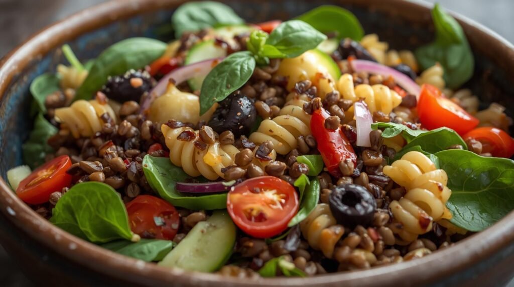 Red-Lentil-Pasta-Salad-Vegetables- artichoke-hearts- spinach-cherry-tomatoes-sliced- zucchini-cucumbers- black-olives-roasted- red-peppers-sliced- onions