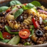 Red-Lentil-Pasta-Salad-Vegetables- artichoke-hearts- spinach-cherry-tomatoes-sliced- zucchini-cucumbers- black-olives-roasted- red-peppers-sliced- onions