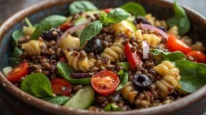 Red-Lentil-Pasta-Salad-Vegetables- artichoke-hearts- spinach-cherry-tomatoes-sliced- zucchini-cucumbers- black-olives-roasted- red-peppers-sliced- onions